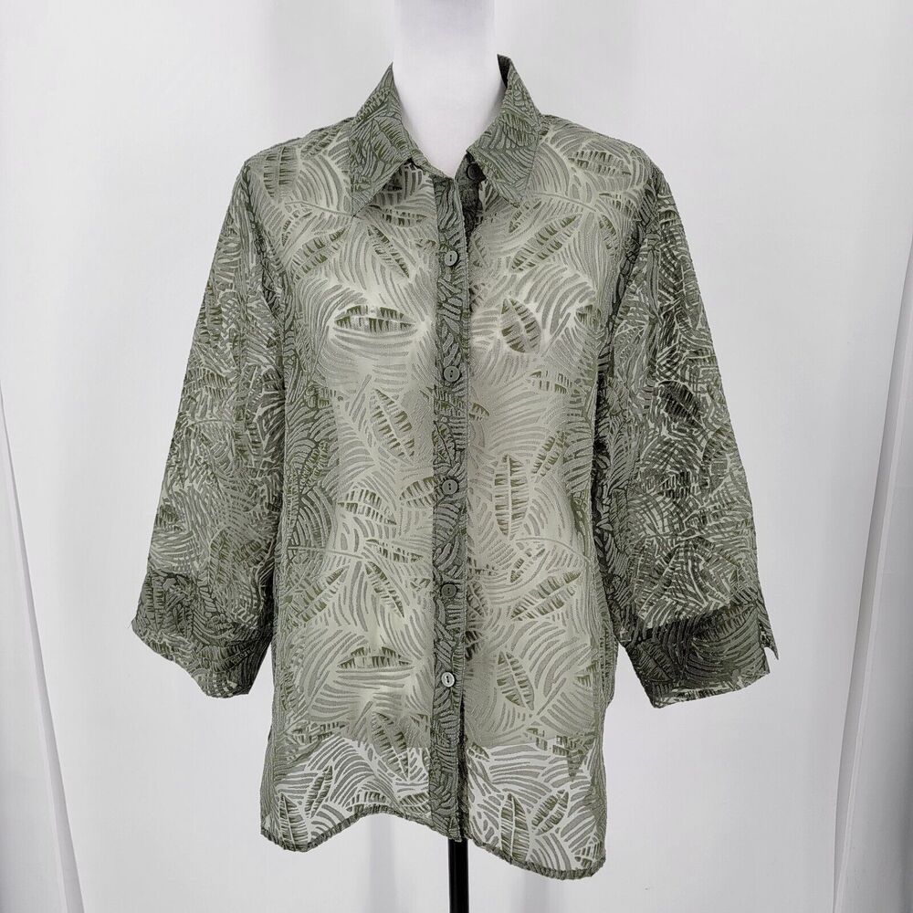 Alfred Dunner Blouse Women's 16 Sheer Leaf Floral 3/4 Sleeve Green